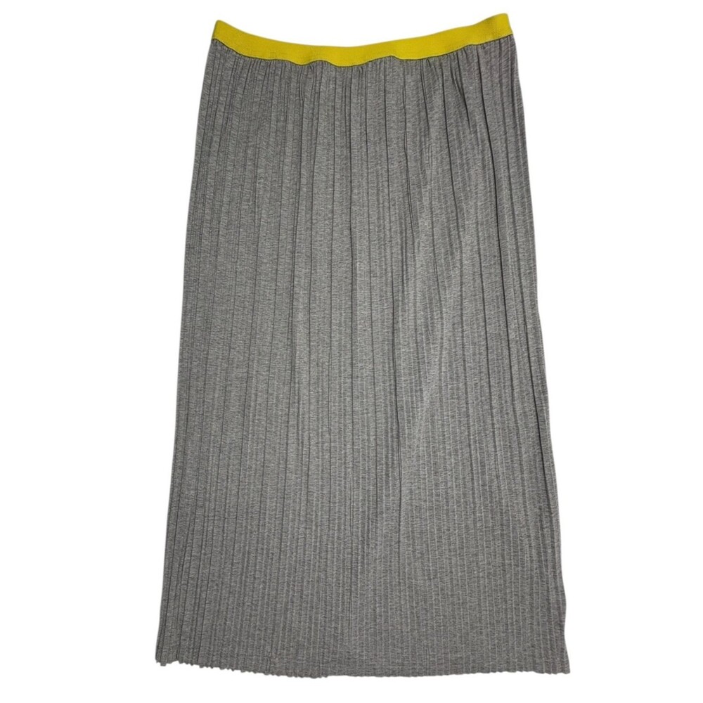 Micro Pleated Knit Midi Skirt Gray Accordion Pleat Contrast Waist L